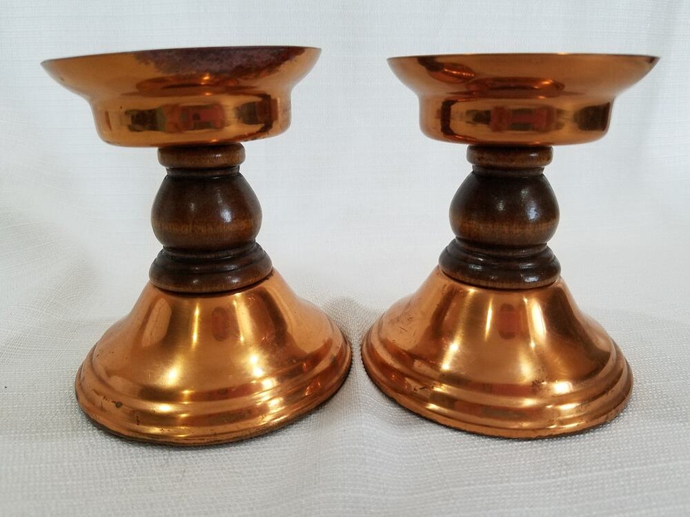 Vintage Copper Plated & Wood Candle Holders